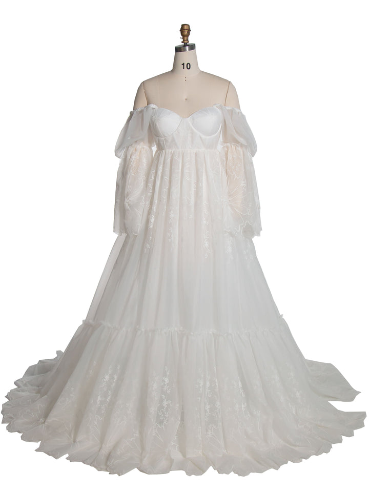 Elegantes schulterfreies Boho-Spitzenkleid für Fotoshootings, Umstandsbrautkleid YW240119 