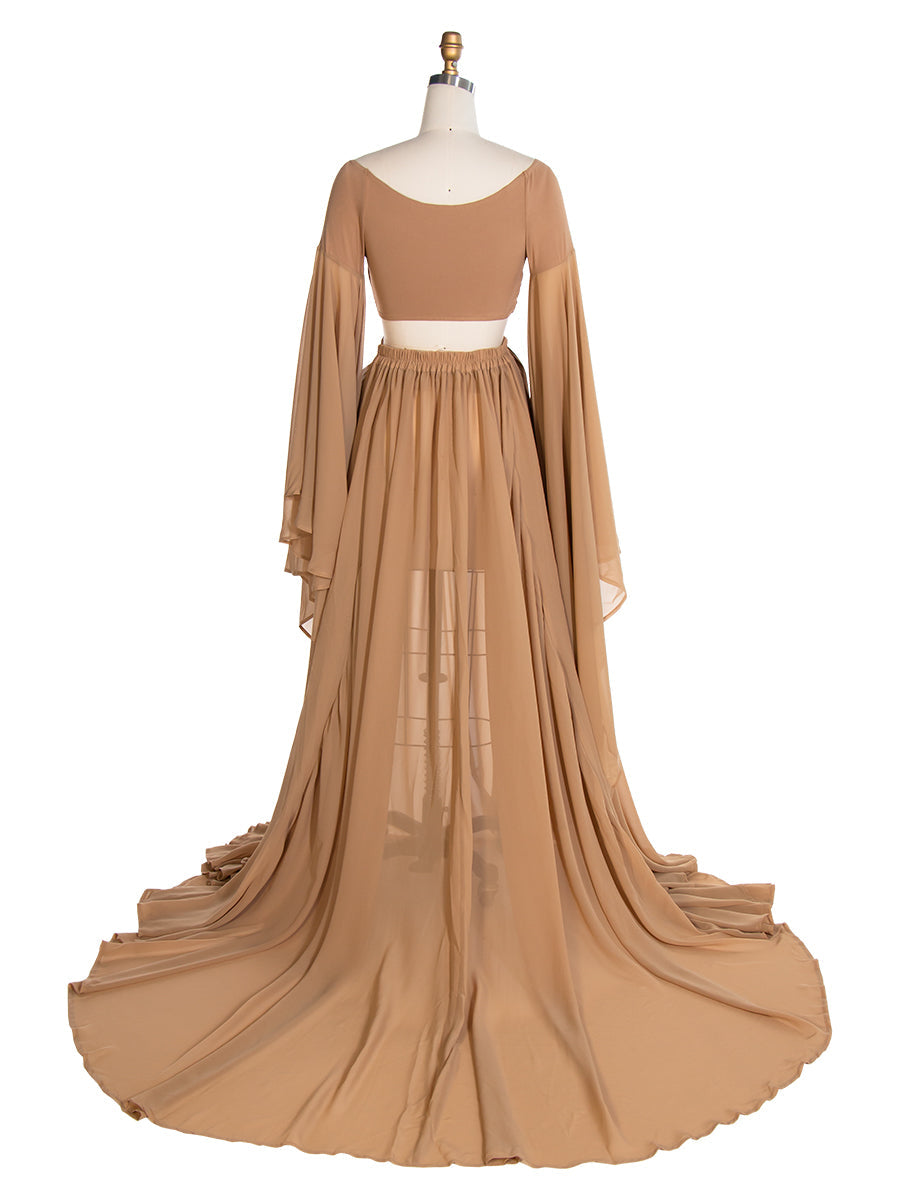 Herbst Umstandskleid für Bilder Rüschenärmel Umstandskleid mit langer Schleppe Boho-Kleid für Fotoshooting YW243111 