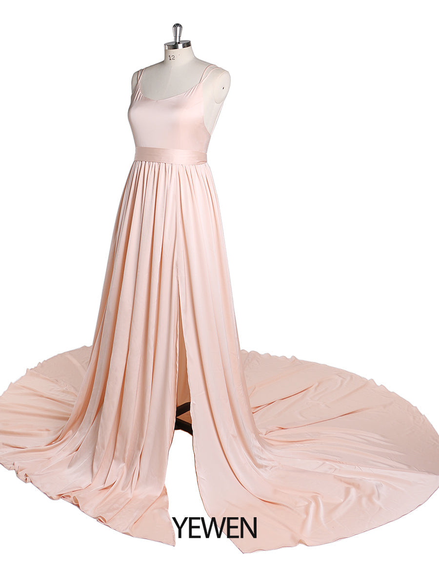 Leichtes Seidensatin-Abschlussballkleid mit dünnen Trägern, Bohemian-Hochzeitspartykleid mit Schlitz, Fotografie-Kleid, Maxi-Frauenkleid, YEWEN YD22408 