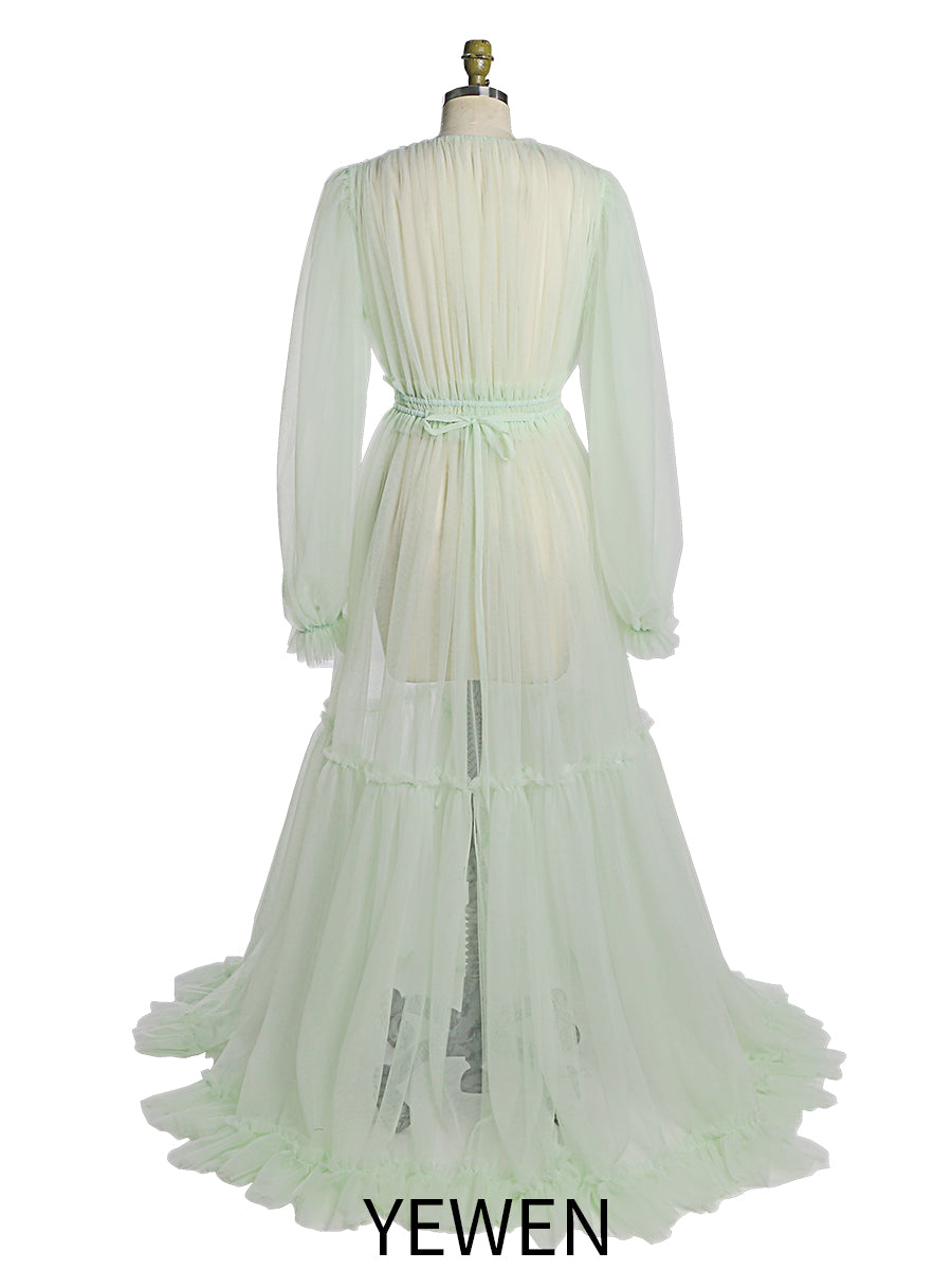 Durchsichtiges, langärmeliges Kleid aus weichem Tüll für Damen, Maxi-Kleid für Fotoshootings, YW231005 