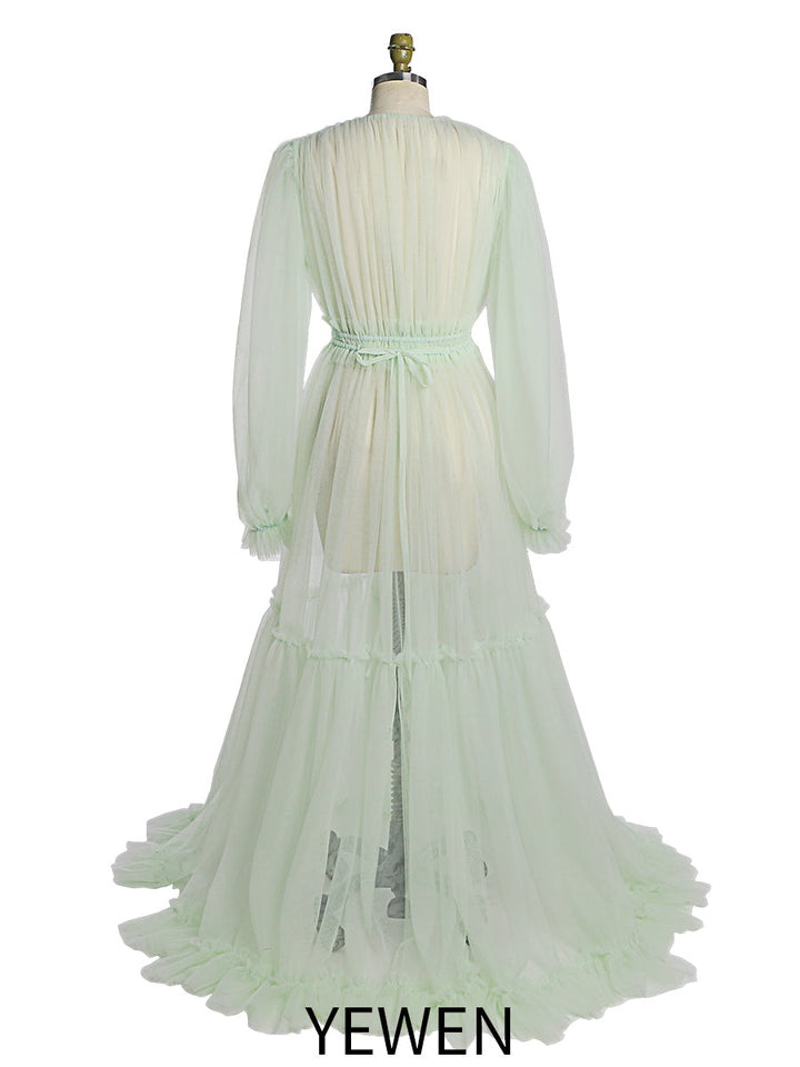 Durchsichtiges, langärmeliges Kleid aus weichem Tüll für Damen, Maxi-Kleid für Fotoshootings, YW231005 