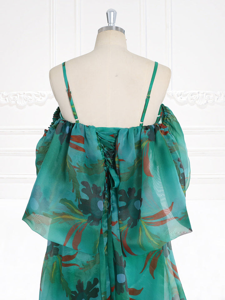 Grünes schulterfreies Maxikleid mit Blumenmuster und Spaghettiträgern, Ball- und Partykleider YW231124 
