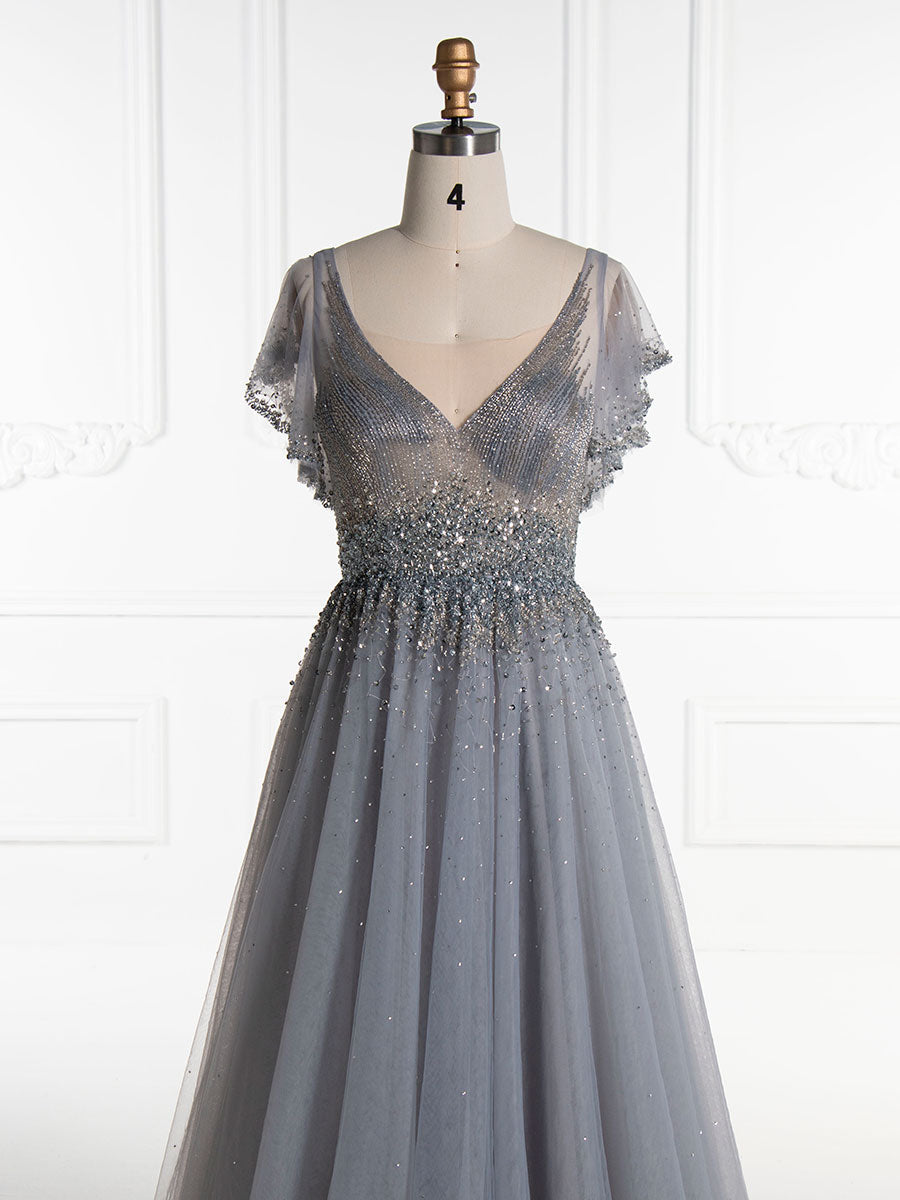 Elegantes Ballkleid mit V-Ausschnitt und silberner Perlenstickerei YE2553 