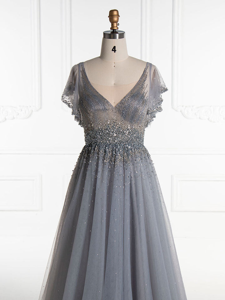 Elegantes Ballkleid mit V-Ausschnitt und silberner Perlenstickerei YE2553 