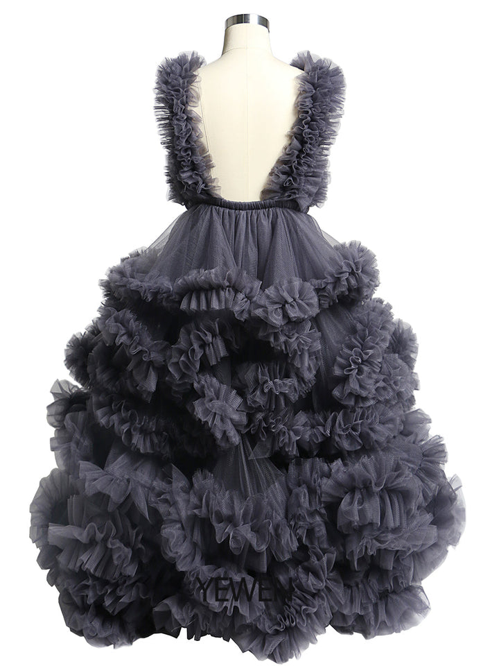 Weiche Tüllrüschen V-Ausschnitt Erstkommunionkleider für Mädchen Blumenmädchenkleider Prinzessin Partykleid Fotoshootingkleid YW220920 