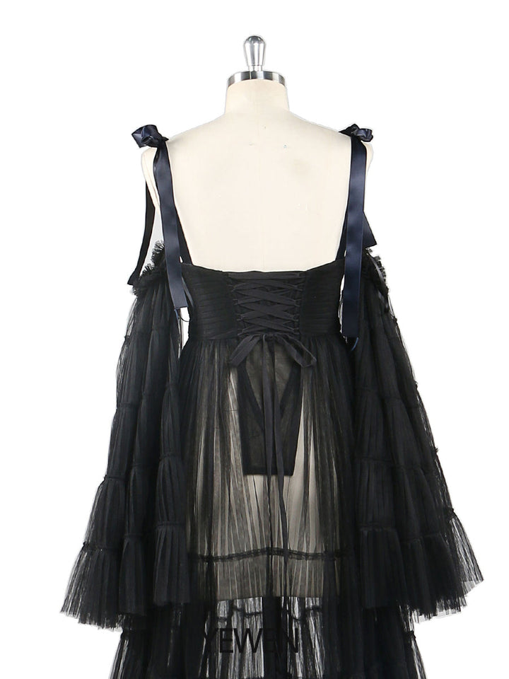 Plissiertes Umstandskleid aus Tüll für Fotoshootings, große ausgestellte Ärmel, Fotoshooting-Kleid für Damen, YW21025