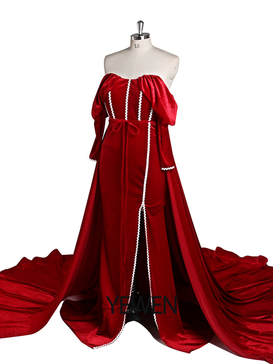 Langärmliges, schulterfreies rotes Samt-Meerjungfrauen-Ballkleid mit Seitenschlitz für Fotoshootings YW230747