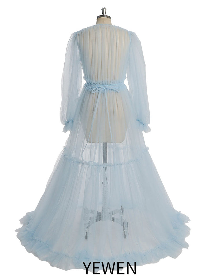 Durchsichtiges, langärmeliges Kleid aus weichem Tüll für Damen, Maxi-Kleid für Fotoshootings, YW231005 