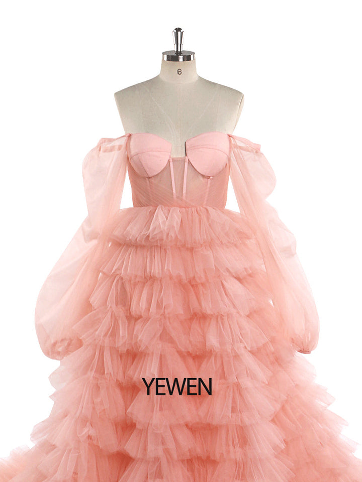 Schulterfreies Tüll-Abschlussballkleid in Rosa, Brautkleid, Fotoshooting-Kleider YW220828 