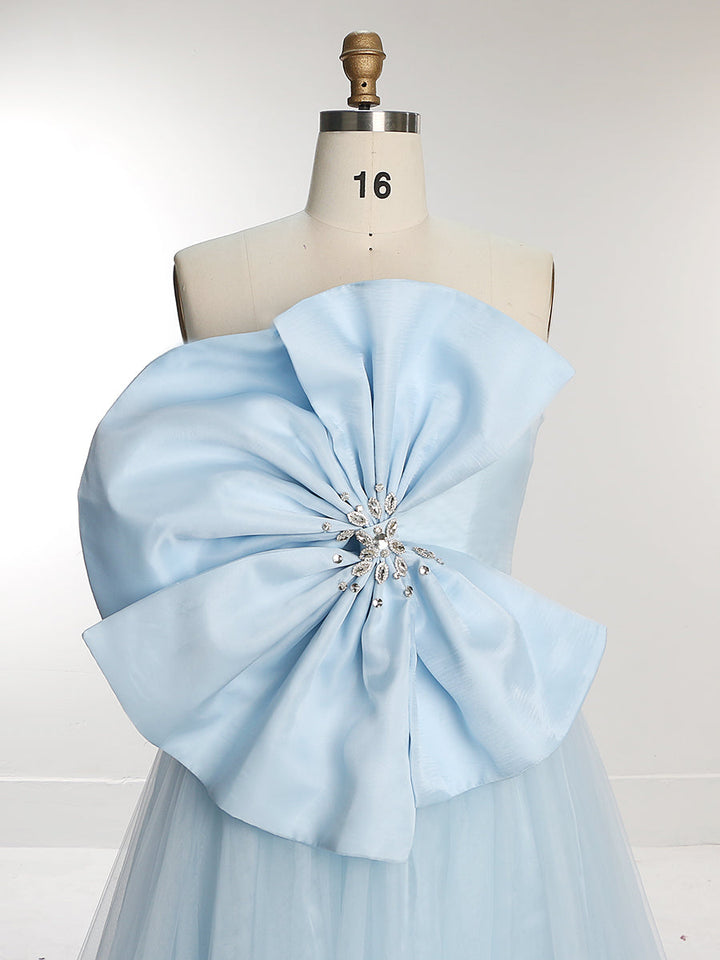 Blaues trägerloses Kleid mit großer Schleife, für Fotografie, Abschlussball, Party, Hochzeit, für Gäste, YEWEN 100059