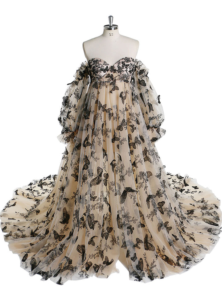 Elegantes Umstandskleid mit Stickerei und Schmetterling für Fotoshootings, abnehmbare Ärmel, Maxikleid für Babypartys, YW220420 
