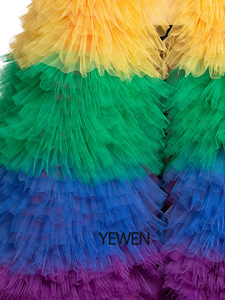 Wunderschöner Regenbogen-Tüll-Abschlussball-Abend-Umstandsmantel für Damen, Hochzeitsjacke, eleganter Promi-Umhang, Fotografie-Requisiten, YEWEN 
