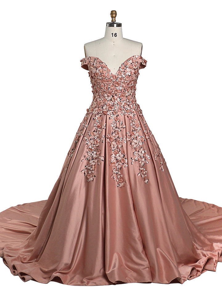 Neu Lange Ballkleider für Frauen Elegante Rose Satin Pailletten Blume Foto-shooting 