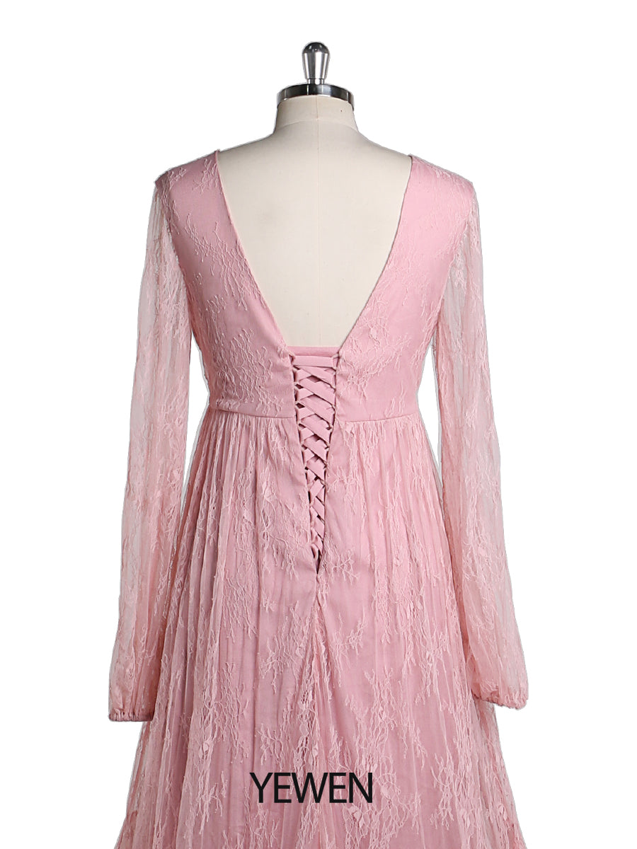 Elegantes Abendkleid mit V-Ausschnitt und langen Ärmeln aus Spitze, Umstandskleid für Fotografie, Babyparty, YW2046