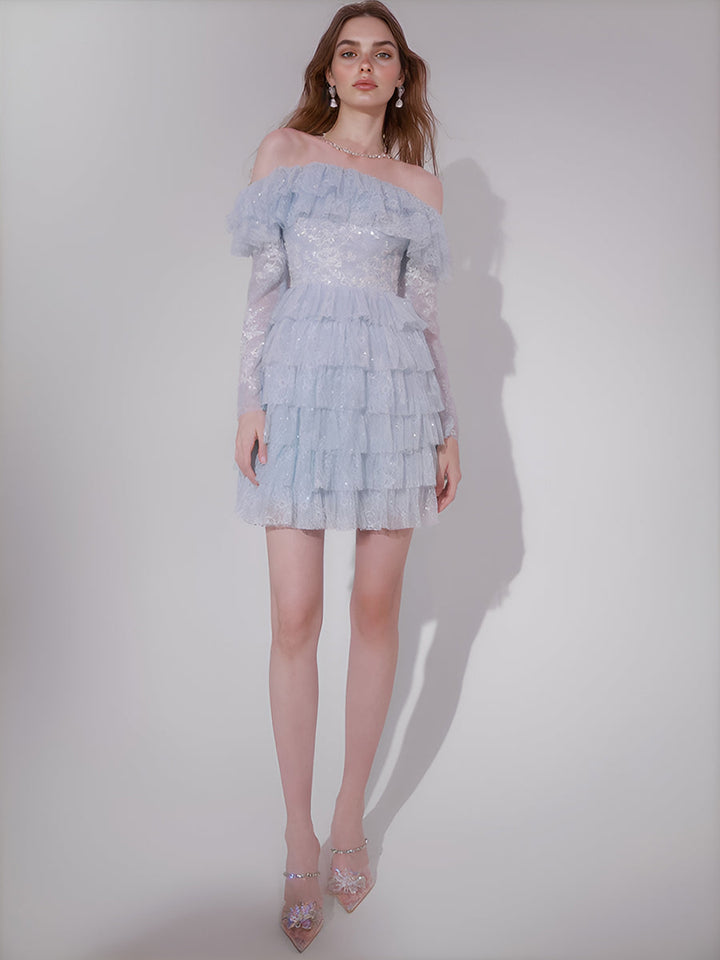 A-Linie Fee Tüll Spitze Ballkleid Off Shoulder Falten Abend Party Kleider Layered Falten Cocktail Kleider 