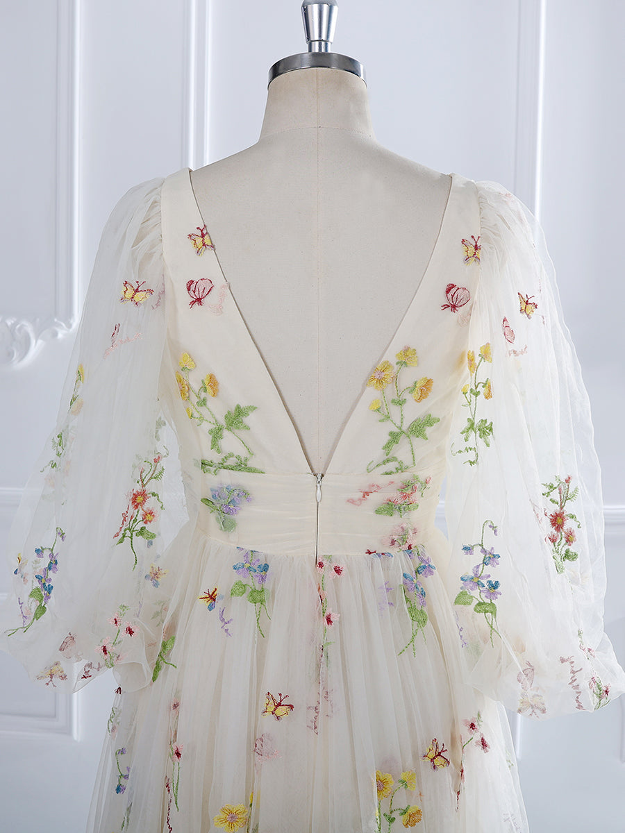 V-Neck , Embroidery Tulle , Puffy Sleeves,  Tea Party Dresses