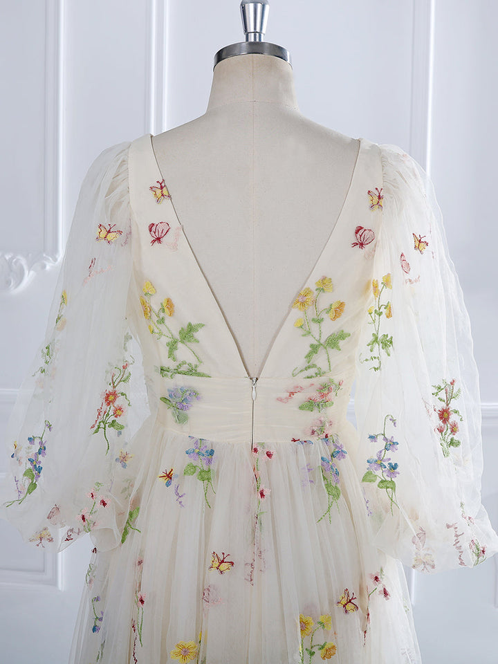 V-Neck , Embroidery Tulle , Puffy Sleeves,  Tea Party Dresses