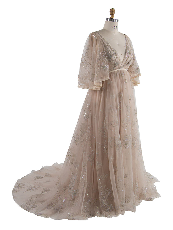 Boho glitzernde Stickerei V-Ausschnitt Umstands-Fotoshooting-Kleid Strand-Fotoshooting-Outfits YW250024