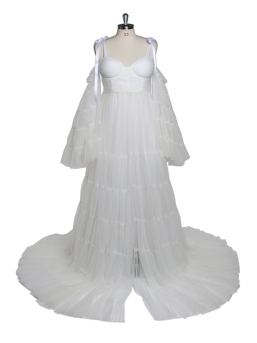 Plissiertes Umstandskleid aus Tüll für Fotoshootings, große ausgestellte Ärmel, Fotoshooting-Kleid für Damen, YW21025