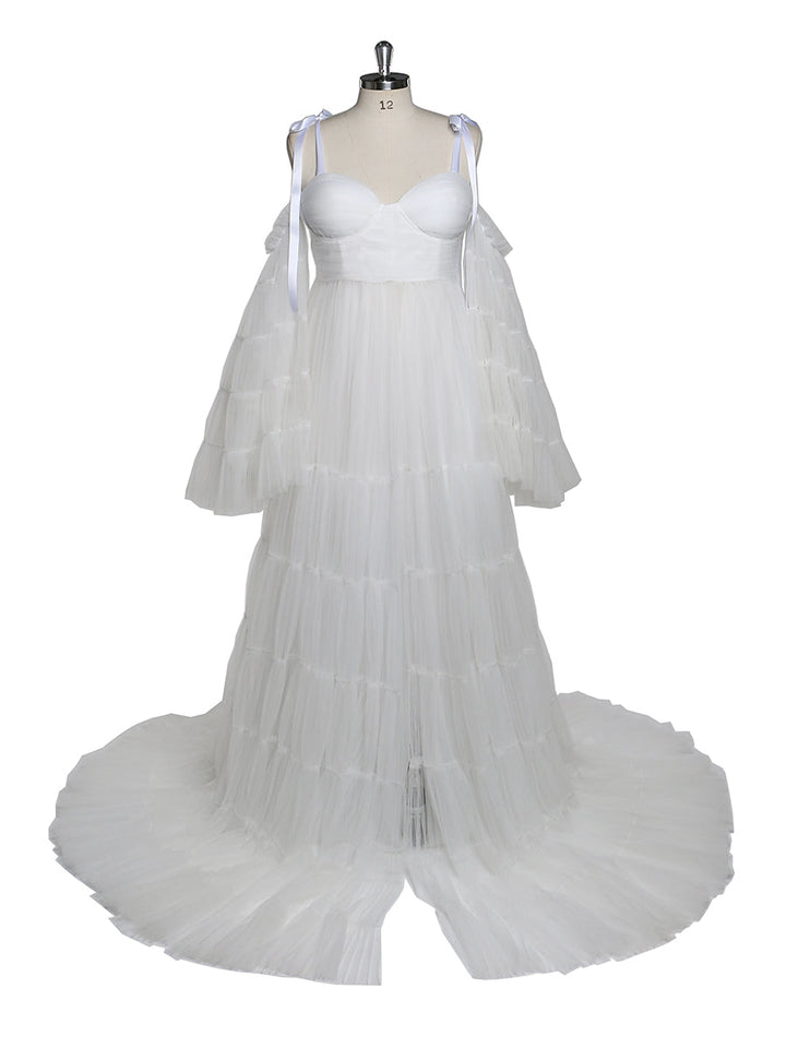 Plissiertes Umstandskleid aus Tüll für Fotoshootings, große ausgestellte Ärmel, Fotoshooting-Kleid für Damen, YW21025