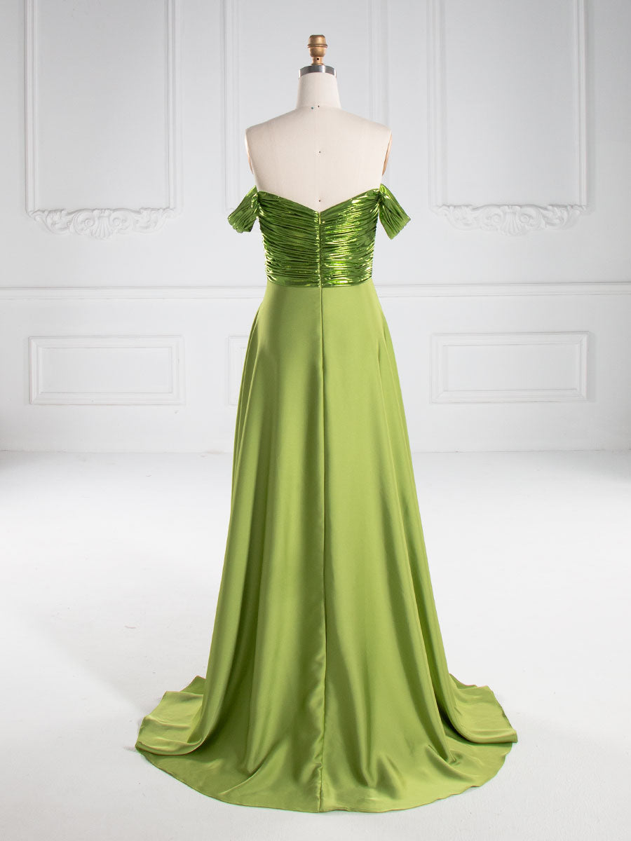 A-line, Off The Shoulder , Floor Length Satin, Prom Dresses 