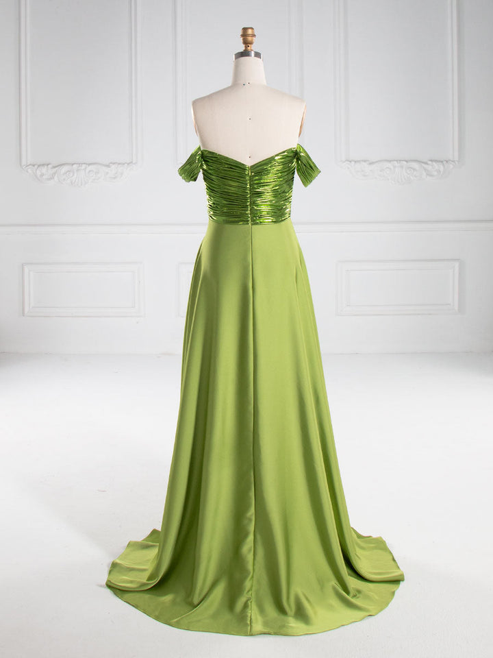 A-line, Off The Shoulder , Floor Length Satin, Prom Dresses 
