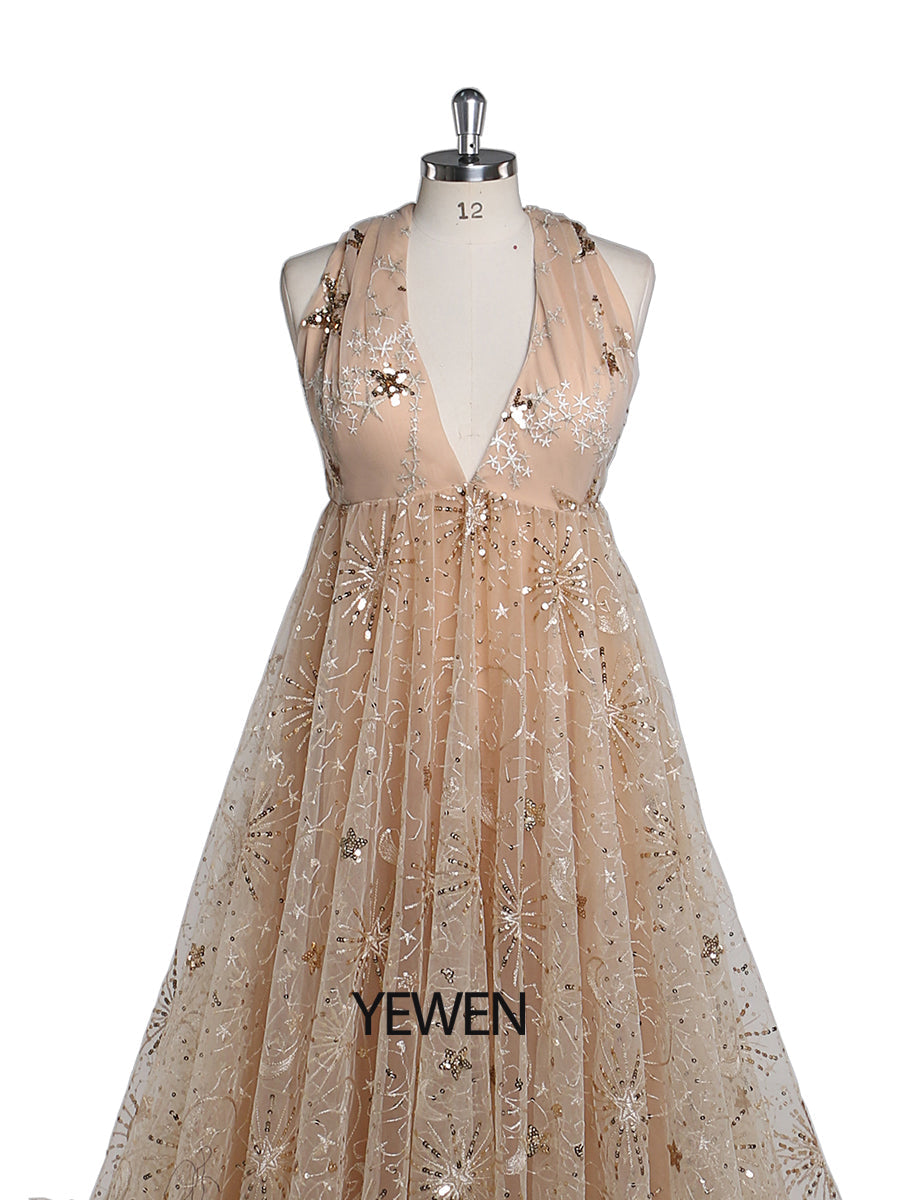 Champagner Glitzer Pailletten V-Ausschnitt Abendkleid Langes Damen Formales Partykleid Seitenschlitz Umstandskleid für Fotoshootings YEWEN YW211213 
