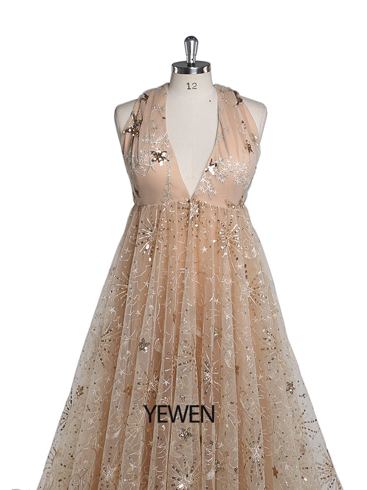 Champagner Glitzer Pailletten V-Ausschnitt Abendkleid Langes Damen Formales Partykleid Seitenschlitz Umstandskleid für Fotoshootings YEWEN YW211213 