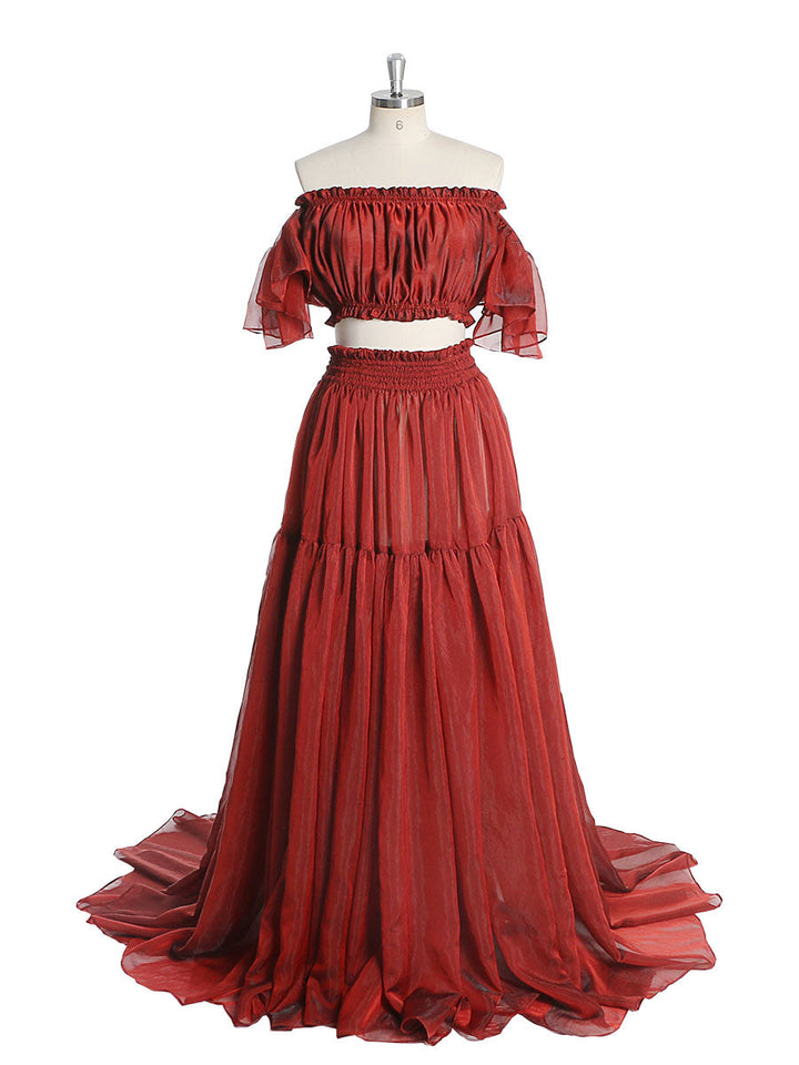 Seidenweiches Organza-Zweiteiler-Set für Damen im Boho-Stil/Oberteil und Rock für Schwangerschafts-Fotoshootings, YW230309