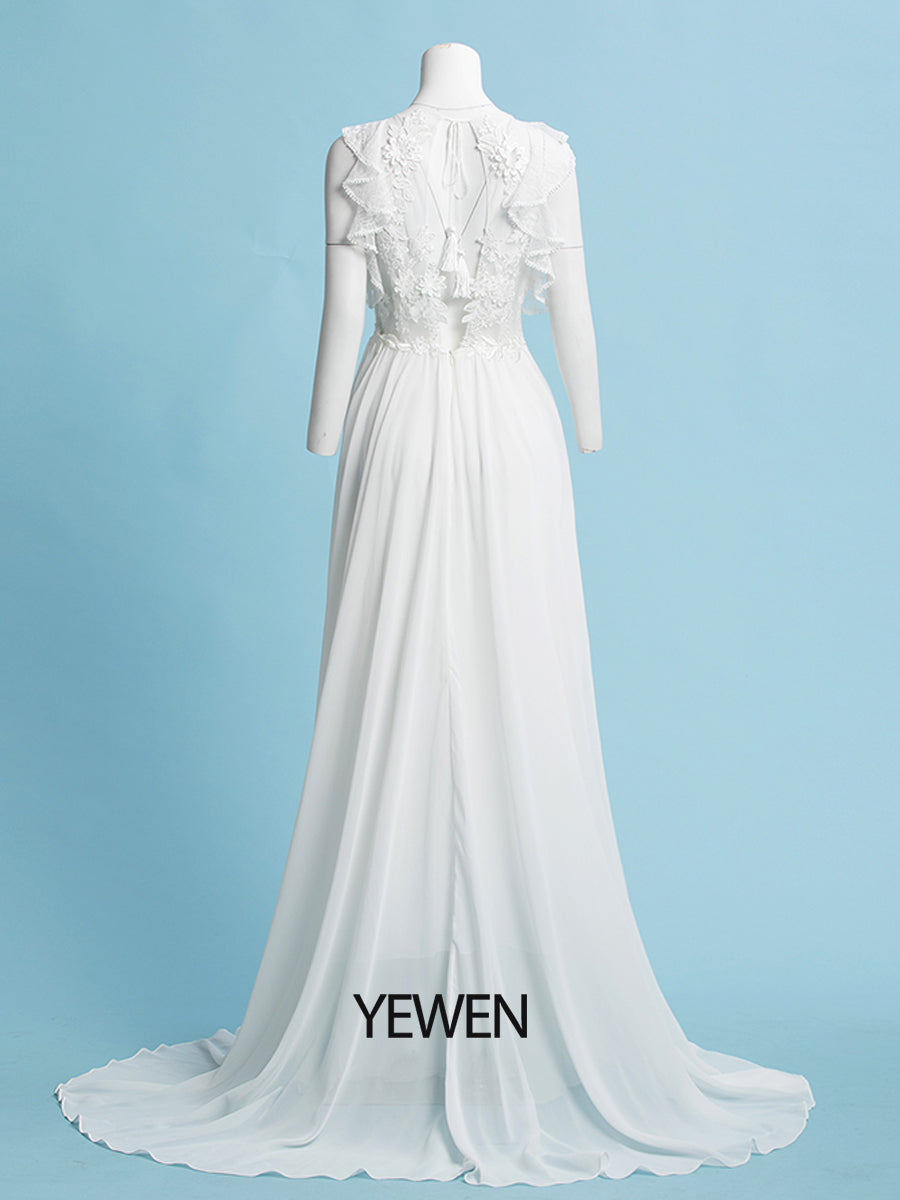 Romantisches Boho Brautkleid Chiffon Sommer Brautkleid Sweep Train 