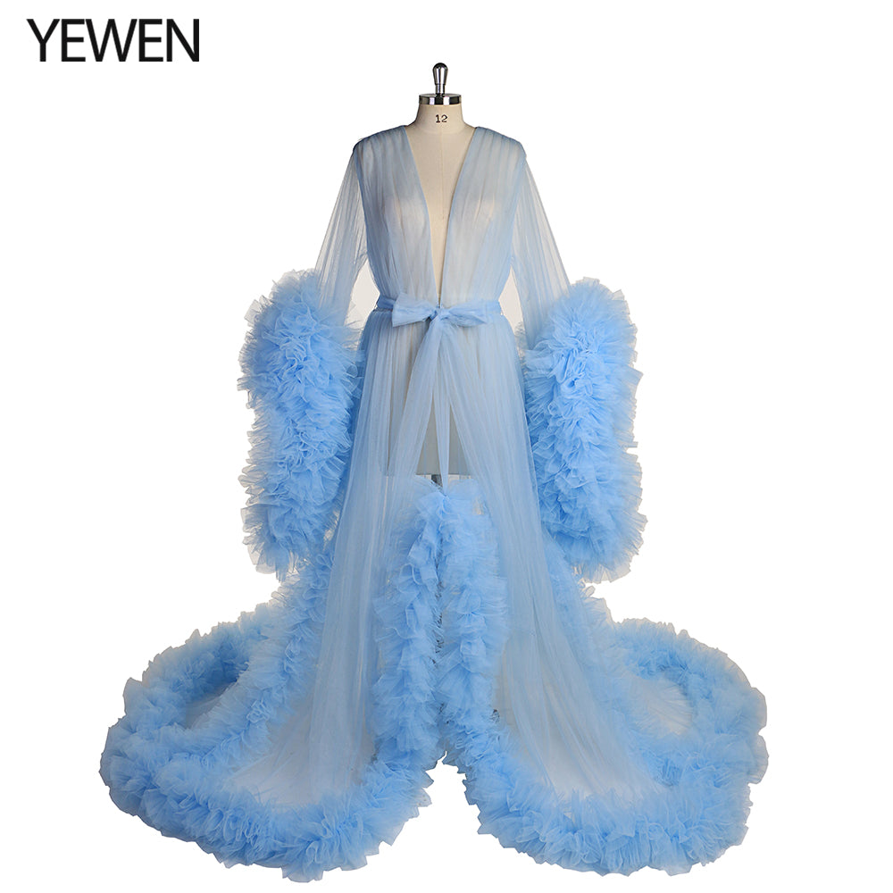 Langärmliges Brautkleid, elegantes, durchsichtiges Maxi-Umstandskleid mit Rüschen