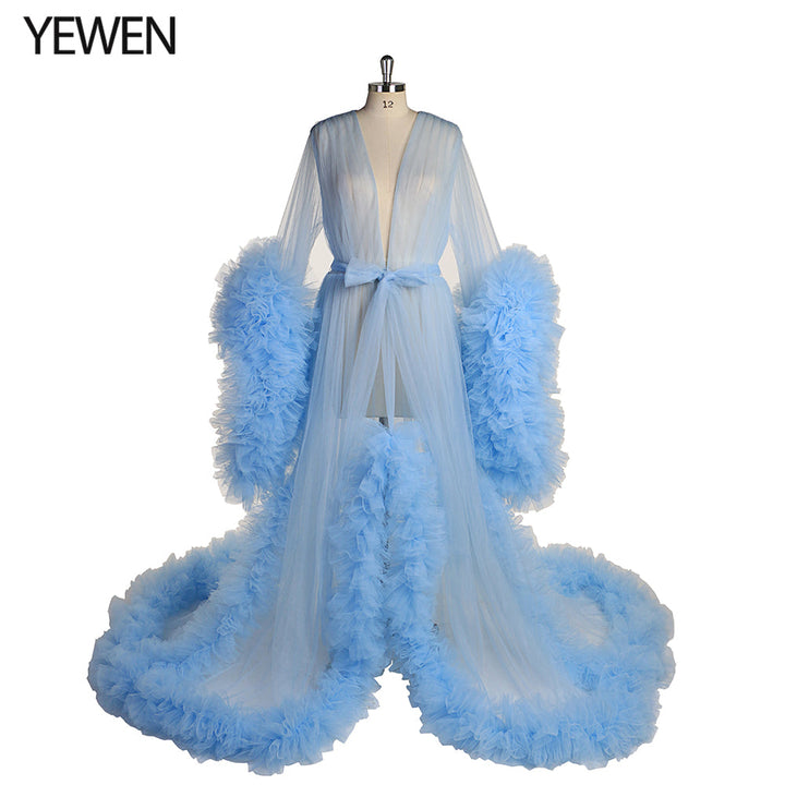 Langärmliges Brautkleid, elegantes, durchsichtiges Maxi-Umstandskleid mit Rüschen