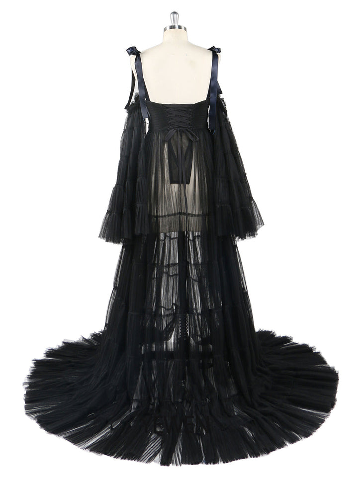 Plissiertes Umstandskleid aus Tüll für Fotoshootings, große ausgestellte Ärmel, Fotoshooting-Kleid für Damen, YW21025
