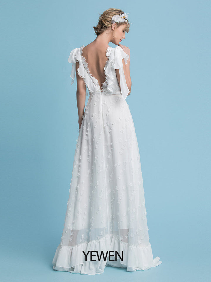 Romantische böhmische Brautkleider V-Ausschnitt Chiffon Boho Hochzeit Brautkleid 