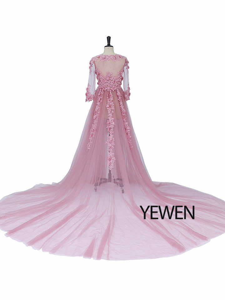 Elegante Abendkleider mit Tüllapplikationen und Spitze, V-Ausschnitt, halbe Ärmel, vorne offen, Oldrose, Strandstil, Partykleider, Robe de Soiree, YeWen