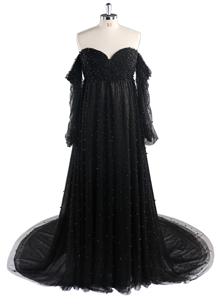 Schulterfreies, elfenbeinfarbenes, langärmliges Umstandskleid mit Perlen vorne und offen, Fotoshooting-Kleid für Damen LT024 