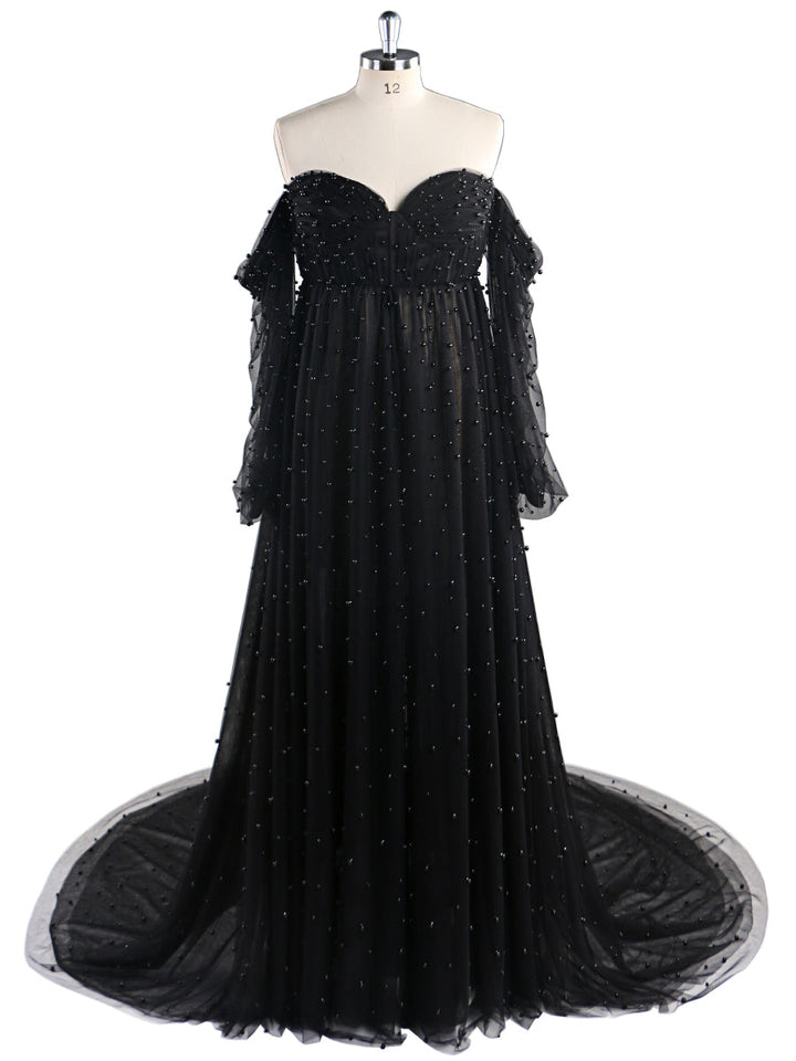 Schulterfreies, elfenbeinfarbenes, langärmliges Umstandskleid mit Perlen vorne und offen, Fotoshooting-Kleid für Damen LT024 