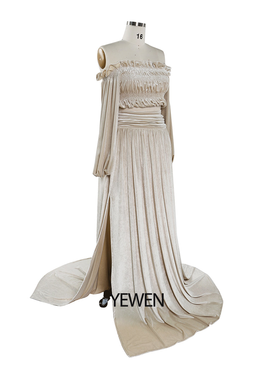 Zweiteiliges Set aus creme-beigem Samt-Crop-Top und langem Rock, Maxi-Samtkleid für Damen mit Beinschlitz, YW220929 