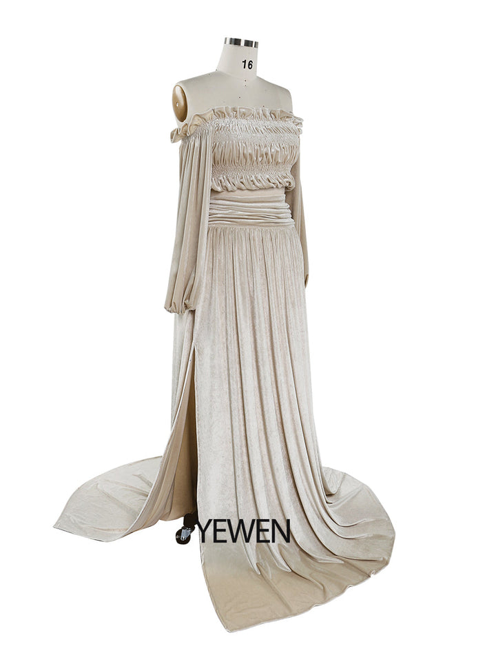Zweiteiliges Set aus creme-beigem Samt-Crop-Top und langem Rock, Maxi-Samtkleid für Damen mit Beinschlitz, YW220929 