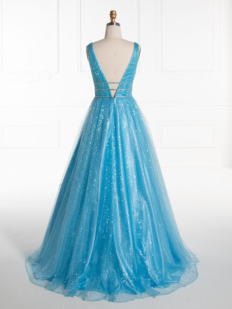 A line , V Neck ,Long Sequin , Prom Dress 