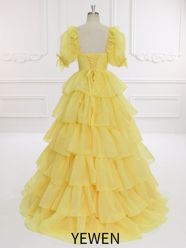 Gelbes Ballkleid mit Rüschen, Abendkleid, Partykleid, Fotoshooting-Kleid, Outfits YW231128 