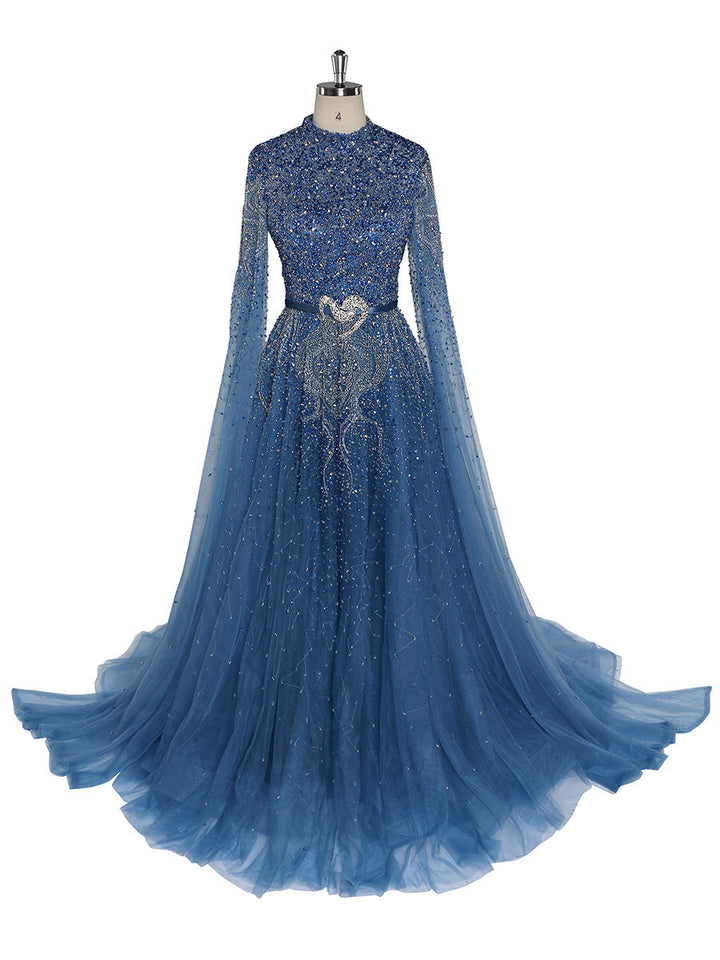 Blaue A-Linie High-End Perlen Luxus Cape Ärmel Abendkleider YEWEN 