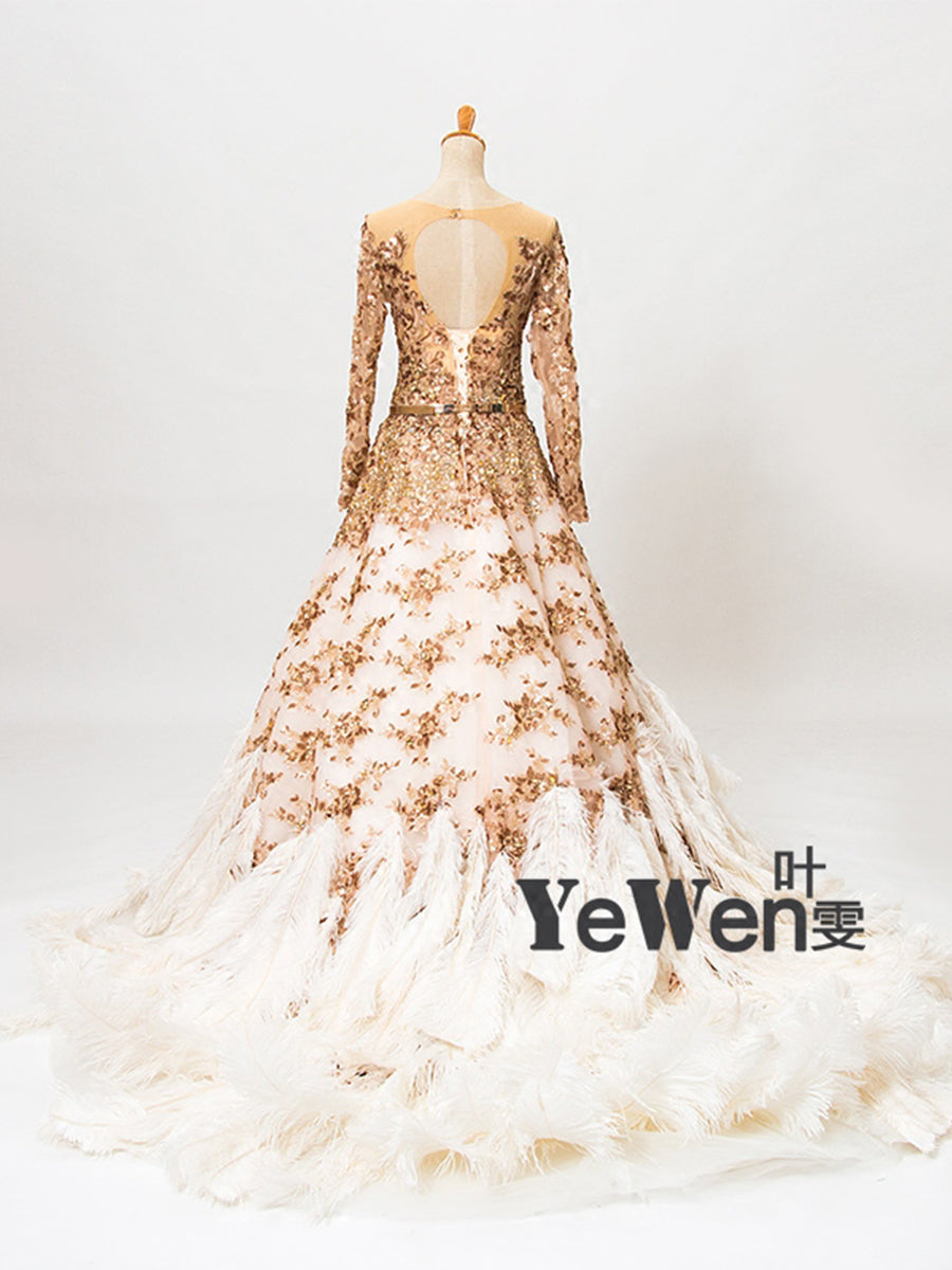 Straußenhaar Luxus Langarm Pailletten Gold Kristall A-Linie Abendkleid Fotoshooting 