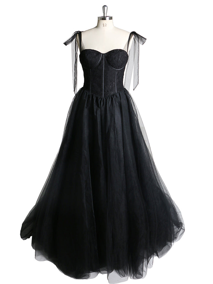Schwarzes, schlichtes Partykleid mit Spaghettiträgern, formelles Tüllkleid, Abendkleid 