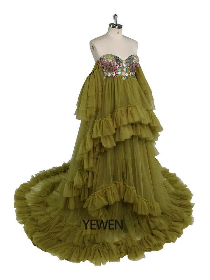 Schulterfreies Umstandskleid mit Stickerei, Spitze, Tüll, für Fotoshootings, Rüschen, Maxikleid für Damen, Fotografie-Outfit YW2045 