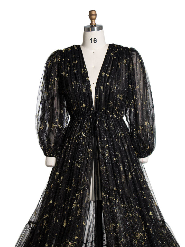 Schwarzer Tüll mit bestickten goldenen Sternen, lange Ärmel, durchsichtiges Fotoshooting-Kleid YW220217-1 