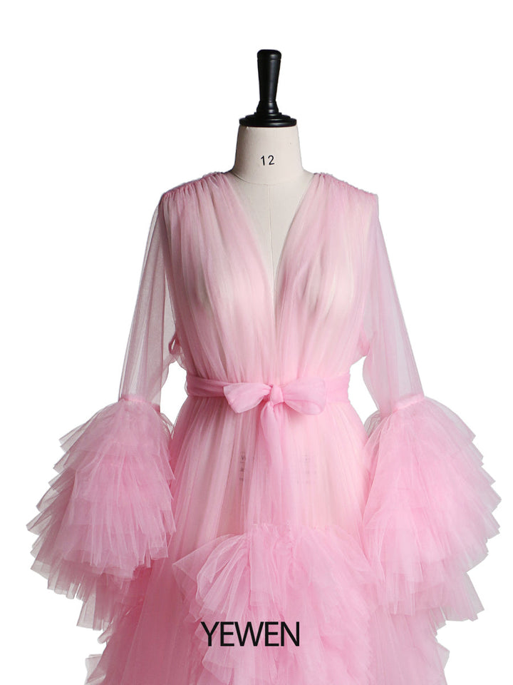 Langärmliges Umstandskleid für Fotoshootings, gerüschtes Tüllkleid mit V-Ausschnitt, Party- und Abendkleid 