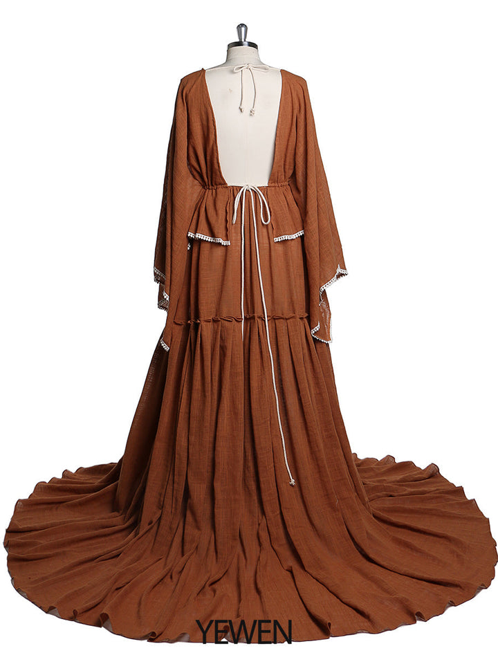 Elegantes Umstandskleid für Fotoshooting Lange ausgestellte Ärmel Seitenschlitz Schwangerschaftskleid Baumwoll-Maxikleid YEWEN YW221207
