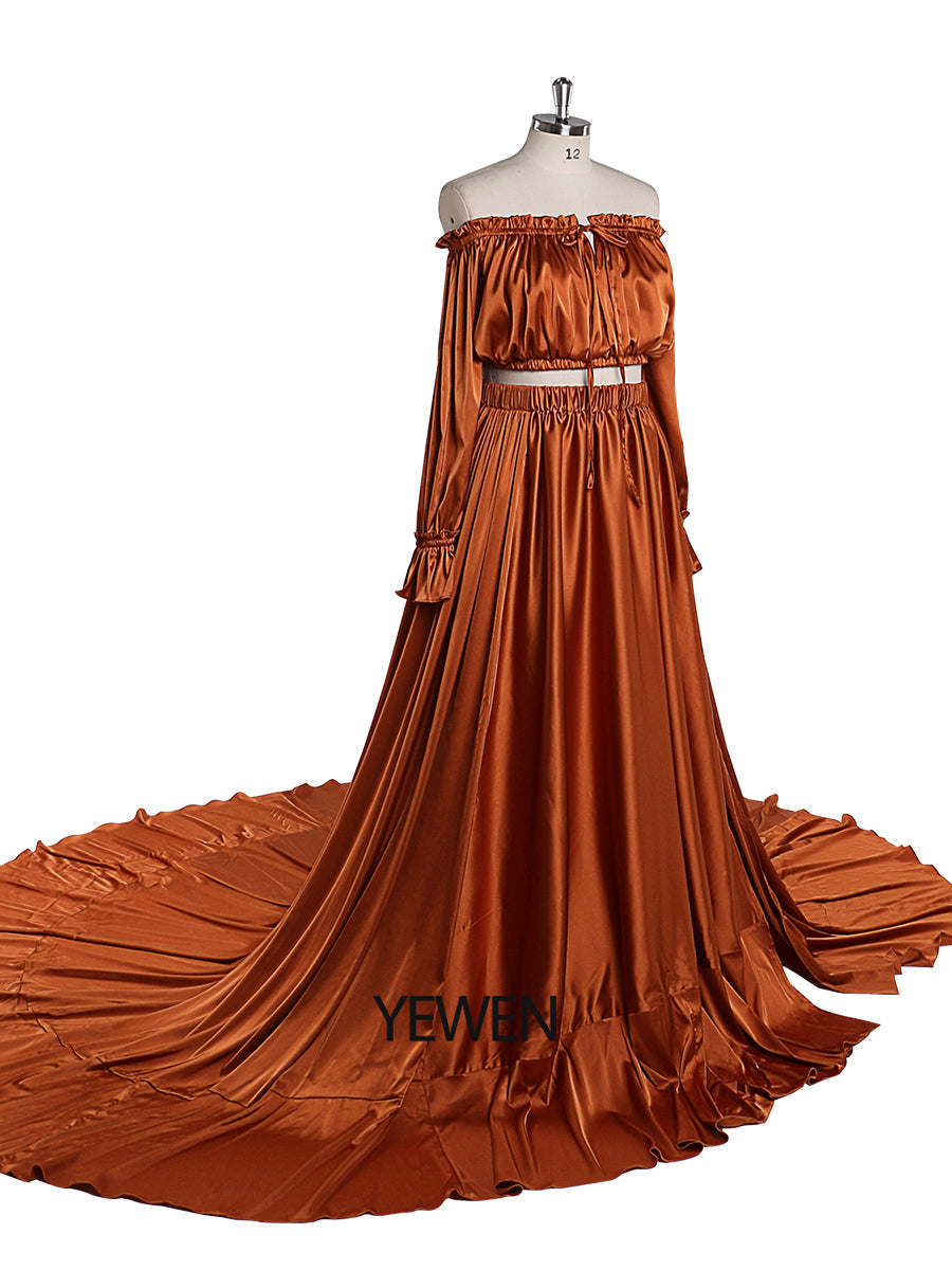 Weiches schulterfreies Satin-Umstands-/Nicht-Umstandskleid für Fotoshootings, Fotokleider mit Seitenschlitz, ausgefallene Foto-Requisiten, YEWEN YD21801-1