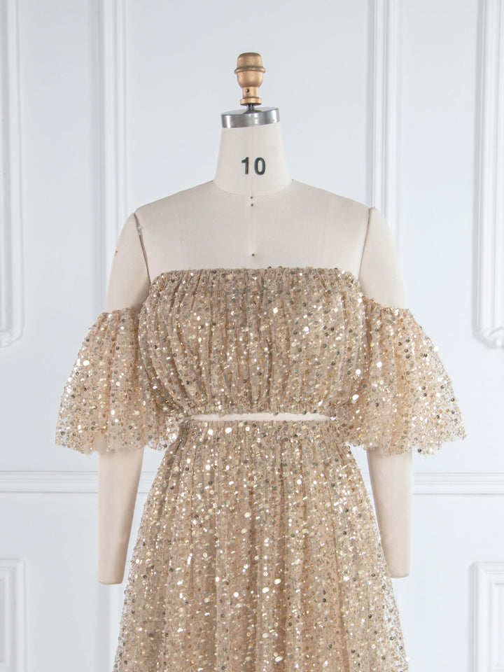 2-teiliges Set, goldene Pailletten mit Perlen, Boho-Umstandskleid für Fotoshooting, Schwangerschaftsfotografie, Babyparty-Kleid, YW243162 